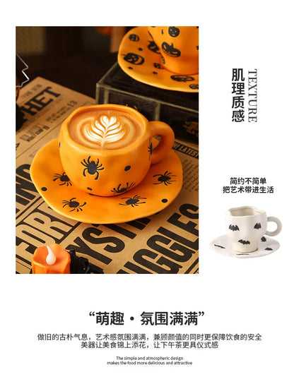 Creative Halloween-themed ceramic cups and saucers Irregular personalized coffee cups Coffee saucers Pumpkin bat pattern cups