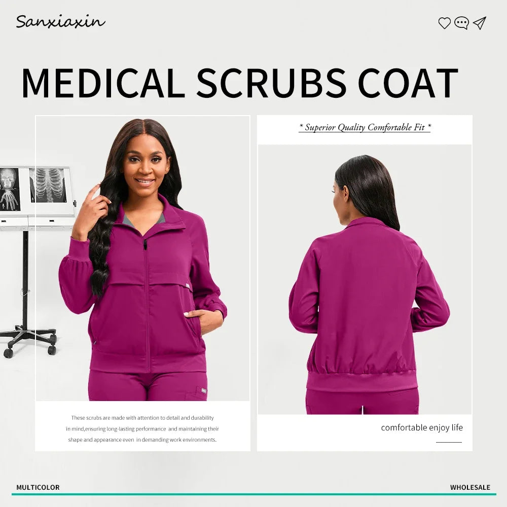 Long Sleeved Medical Scrub Jacket Pharmacy Uniform Women Solid Nurse Hospital Scrub Coat Surgical Uniforms Beauty Salon Workwear