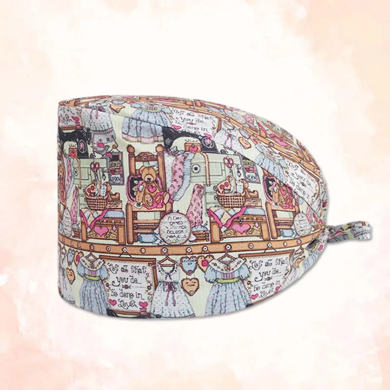 Nurse Scrubs Cap Adjustable Scrubs Hat Unisex Cotton Pink Print Nursing Caps Accessories Medical Work Hat Pet Shop Surgicals Hat