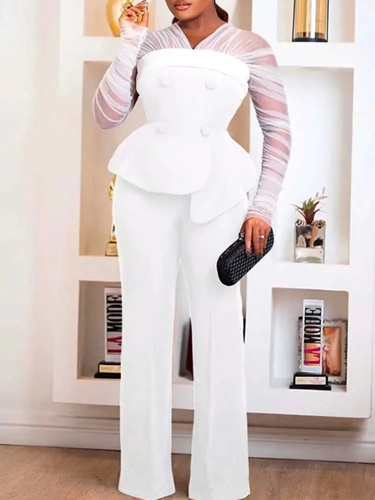 Women Elegant Two Piece Pants Set Female Office Wear White Mesh Sleeves Slim Top and Slacks Pant Sets Sexy Chic Spring Outfits