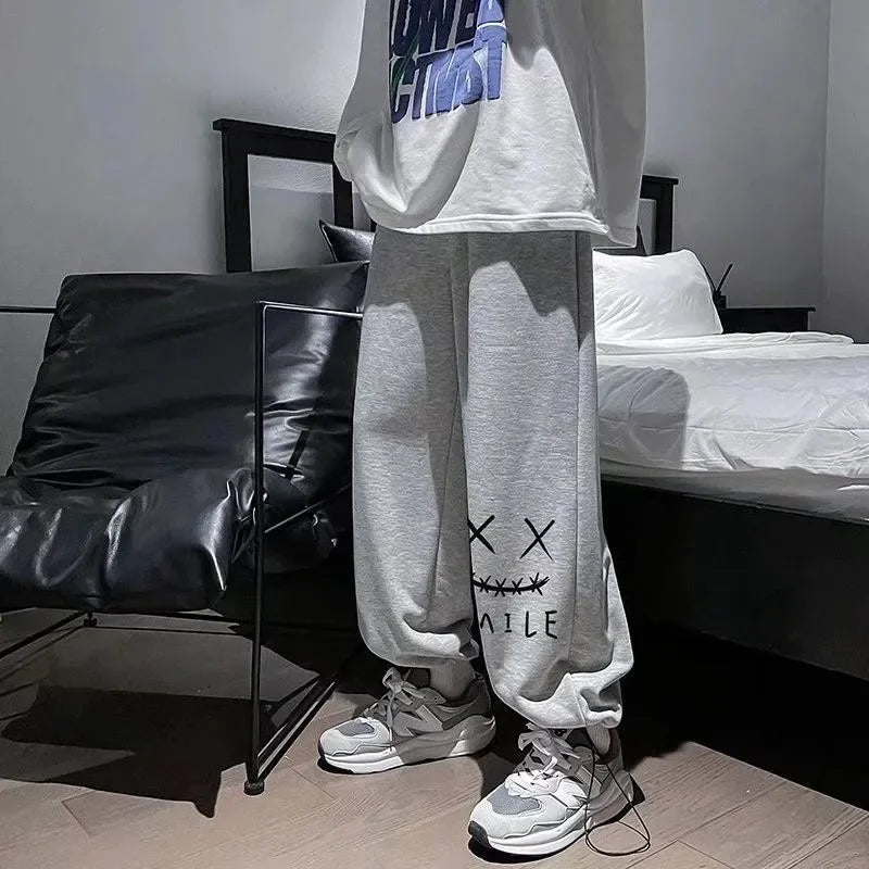 Plus Size M-8XL Men Pants Oversized Sports Pant Fashion Trend Cartoon Smiling Face Printed Long Pants Loose Casual Sweatpants