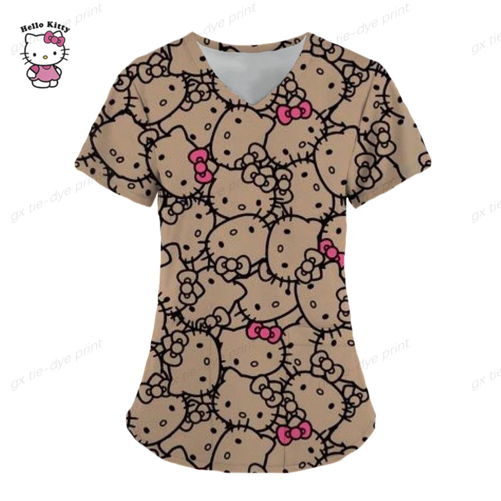 Hello Kitty Uniform Women's Cartoon Hello Kitty Print Nurse Work Shirt Pocket Gown Christmas Healthcare Nurse Scrubs