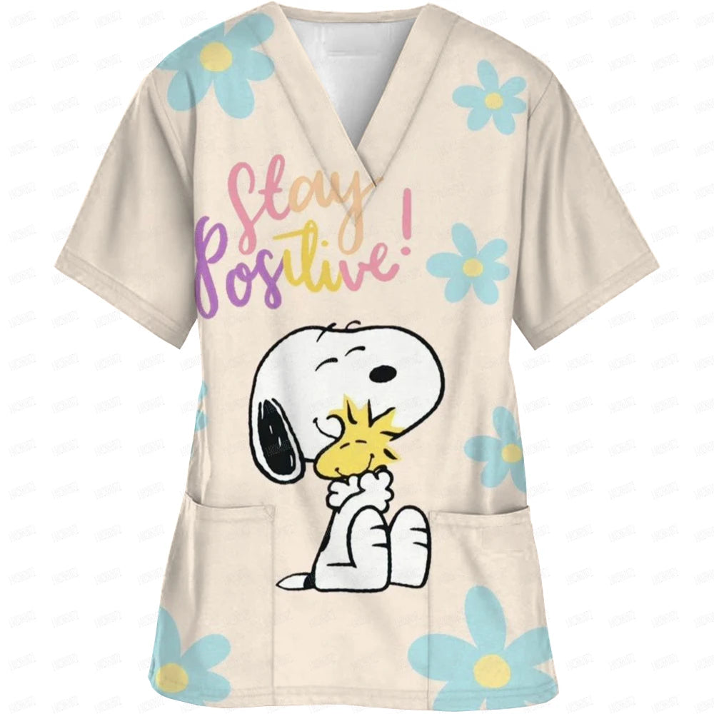 Snoopy print Working Nurse Uniform Women Short Sleeve Pocket Blouse Scrubs Tops Nursing Medical Accessories oversized tshirt