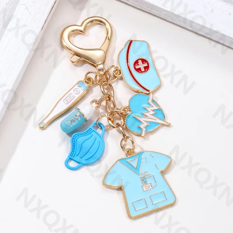 Cartoon Heart Nurse Hat Uniform Thermometer Enamel Keychain Capsule Doctor Key Ring For Women Men Gift Handmade Jewelry Set