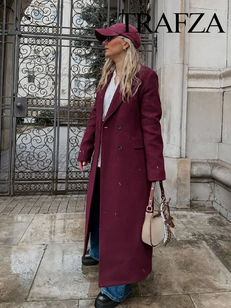 HH Female Autumn Winter Fashion Woolen Long Coat Woman Casual Turn-Down Collar Long Sleeves Pockets Double Breasted Coat