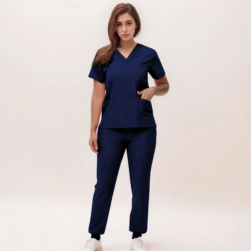 Short Sleeves Nurse Uniforms V-neck Top Jogger Pants  Women Surgical Scrubs Dentist Nursing Suit Pet Hospital Doctor Outfit S21