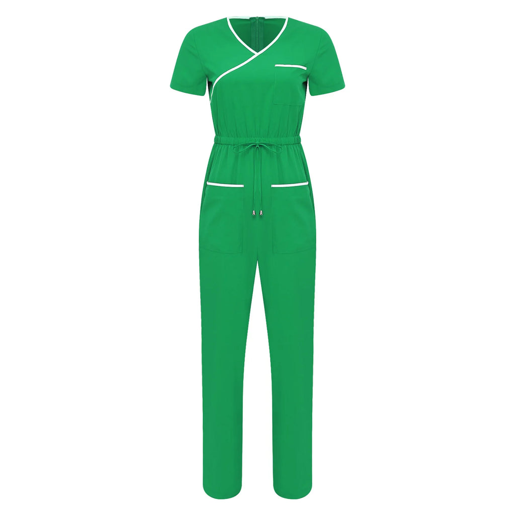 Women Scrub Jumpsuit Nurse Doctor Medical Esthetician Workwear Short Sleeve Multi-pockets Elastic Waist Jogger Pants Rompers