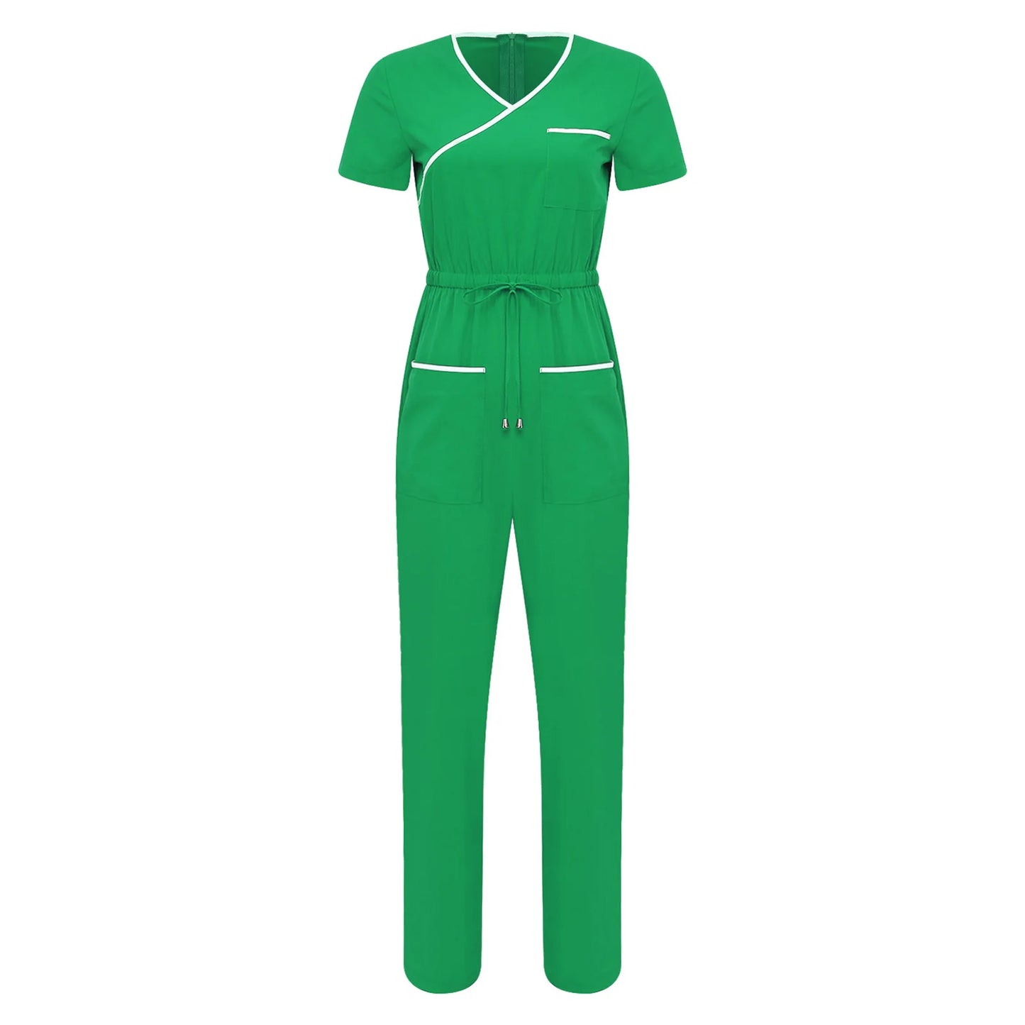 Women Scrub Jumpsuit Nurse Doctor Medical Esthetician Workwear Short Sleeve Multi-pockets Elastic Waist Jogger Pants Rompers