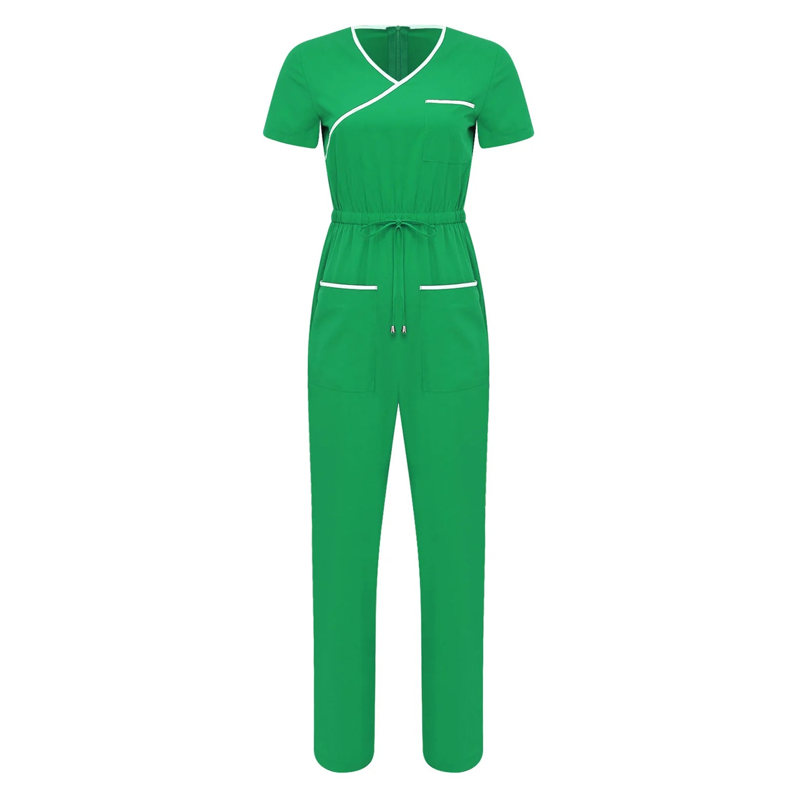 Women Scrub Jumpsuit Nurse Doctor Medical Esthetician Workwear Short Sleeve Multi-pockets Elastic Waist Jogger Pants Rompers