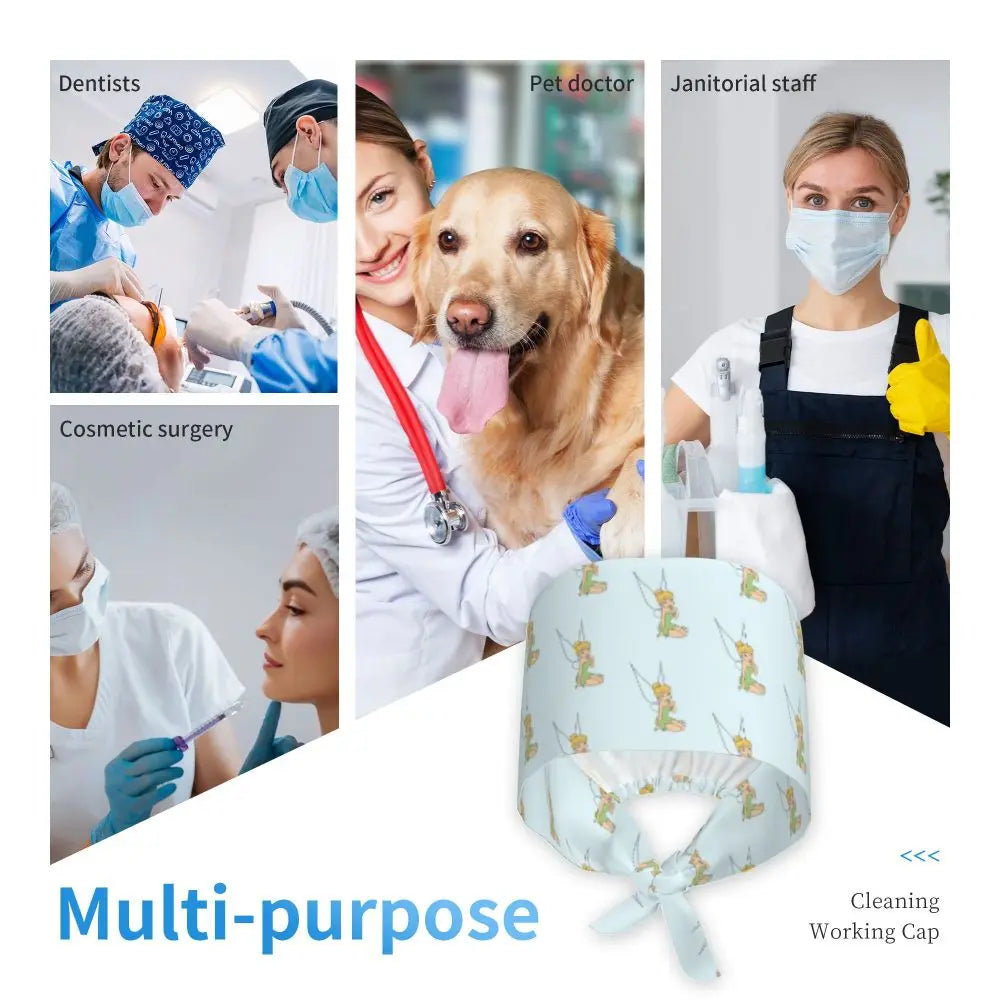 Custom Tinker Bell Breathable Nursing Work Cap Surgical Scrub Caps Unisex Nurse Medical Cap Cartoons Scrubs Hat Medical Surgical