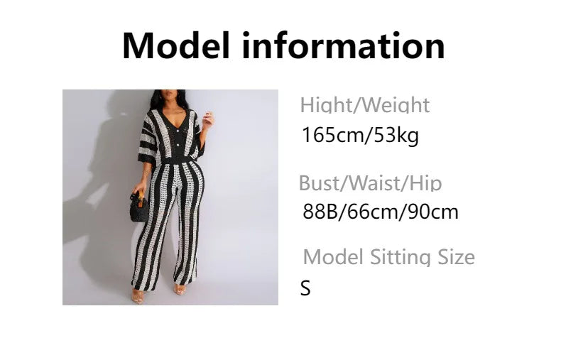 JRRY Sexy Women Knitted Set Two Pieces Set Short Sleeve Buttons Top Long Loose Pants Crocheted 2 Pieces Set Crochet Beach Wear