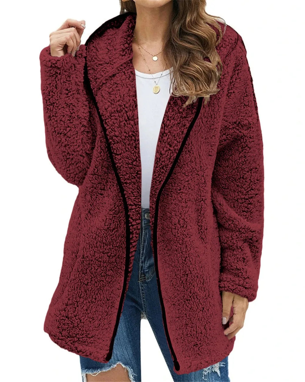 Autumn and Winter New Casual Solid Colour Lapel Hooded Long-sleeved Plush Sweater Fleece Jacket