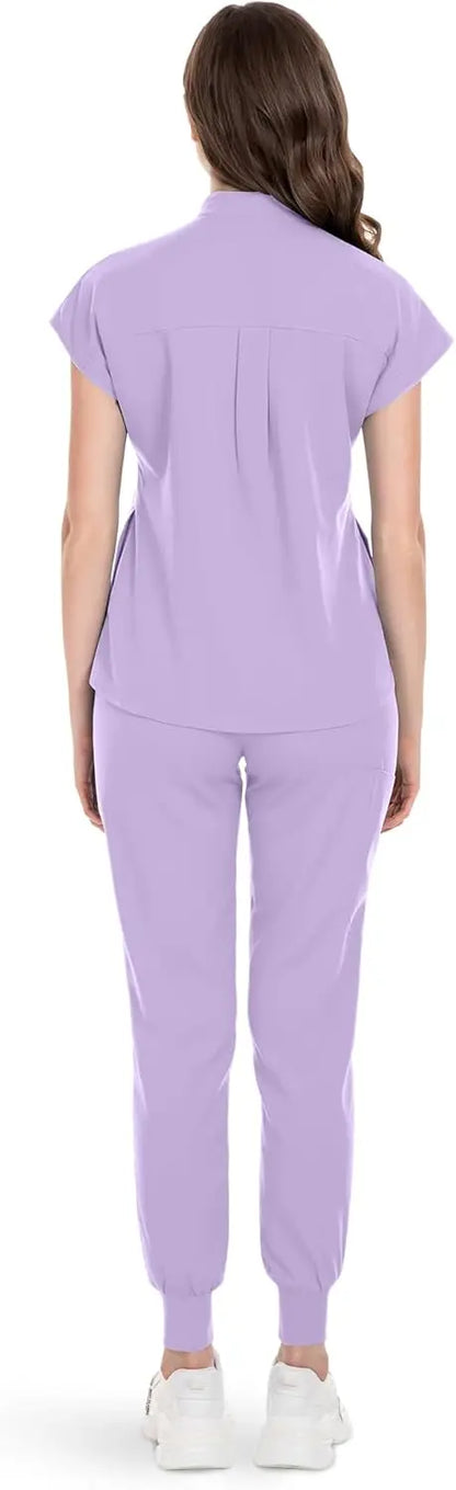 niaahinn Scrubs Set for Women Nurse Uniform Jogger Suit Stretch Top & Pants with Multi Pocket for Nurse Esthetician Workwear