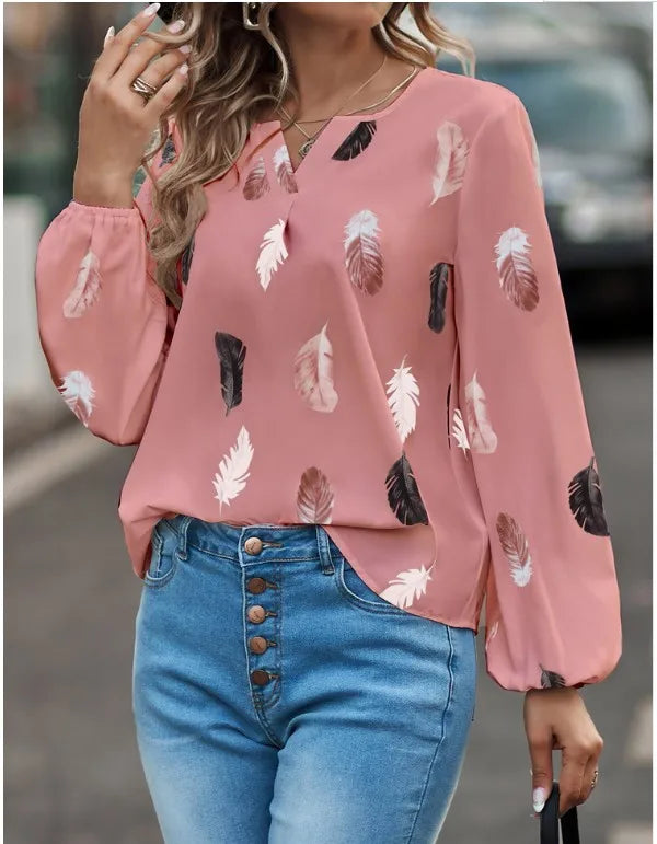 Plus Size Woman Blouse Shirts For Women Stylish Top long Sleeve Feather Pattern Female Tops Elegant Chiffon Mujer Woman Clothes