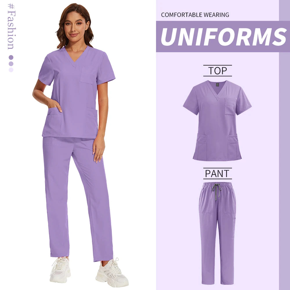 Nursing Operating Room Clothes Medical Scrubs Uniform Women Nurse Scrub Set Pocket Top+Pants 2 Piece Suit