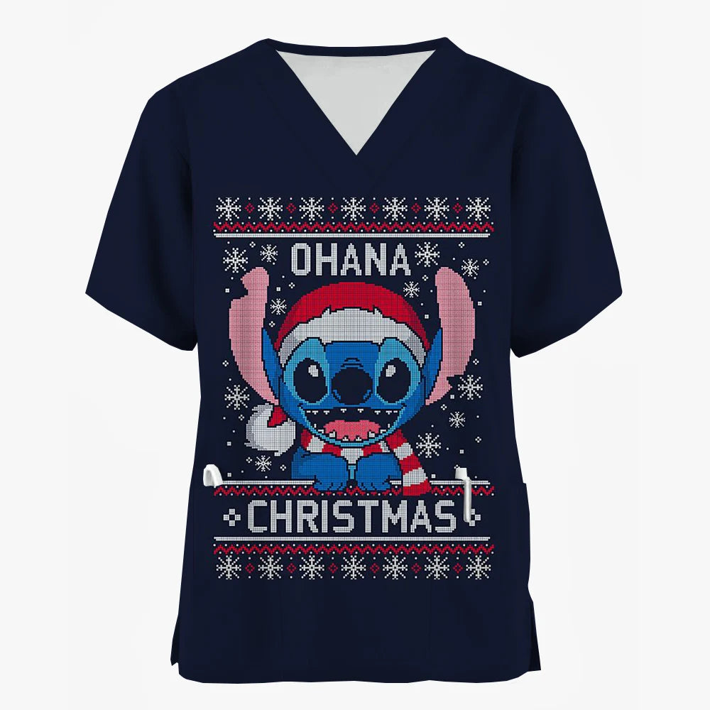 Nurse Uniforms Women Merry Christmas Print Short Sleeve Stitch Scrubs Working Medical Blouse Overalls Uniforms Medical Nursing