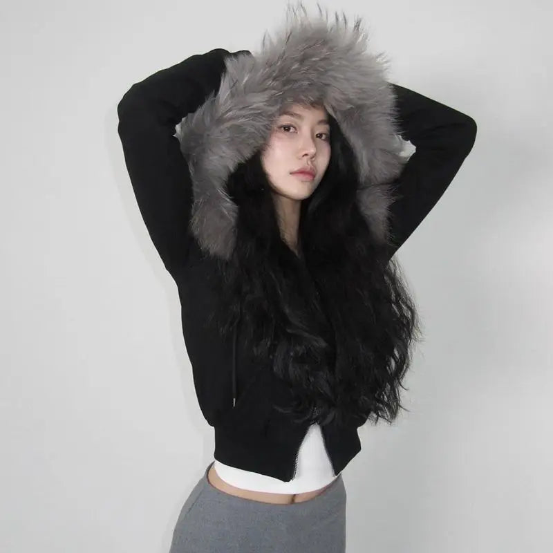 Patchwork Furry Hooded Sweatshirt for Women Y2k Tops Streetwear Casual Hoodies 2025 Ropa Mujer Korean Fashion Zipper Crop Hoodie