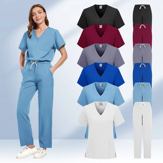 New Scrubs Set Medical Uniforms Stretch Scrub Tops With Pocket Pants Nurse Uniform Doctor Surgery Overalls Beauty Salon Workwear