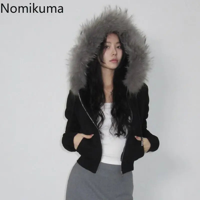 Patchwork Furry Hooded Sweatshirt for Women Y2k Tops Streetwear Casual Hoodies 2025 Ropa Mujer Korean Fashion Zipper Crop Hoodie