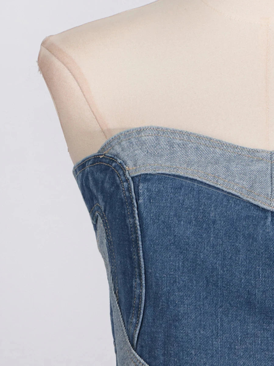 CHICEVER Retro Hot Girl Two Piece for Women Strapless Sleeveless Patchwork Denim Vest  Irregular Hollow Pant Summer Suit Female