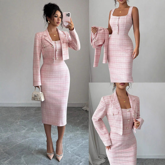 Dress Suits Women Coat Sheath Dresses 2 Piece Sets Suit Jacket Sundress Plaid Print Outfits Vestidos Office Lady Spring 2026