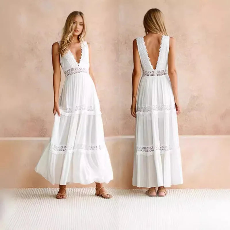 Fashion Sexy Sleeveless V Neck High Waist Halter Party Cocktail Maxi Dress Women Elegant Print Corset Evening Dress