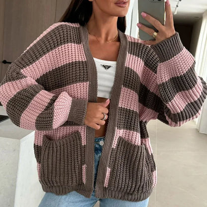 Autumn Winter Warm Knitted Sweater for Women Fashion Contrast Color Loose Top Cardigan Casual Long Sleeve Pocket Jumper Harajuku