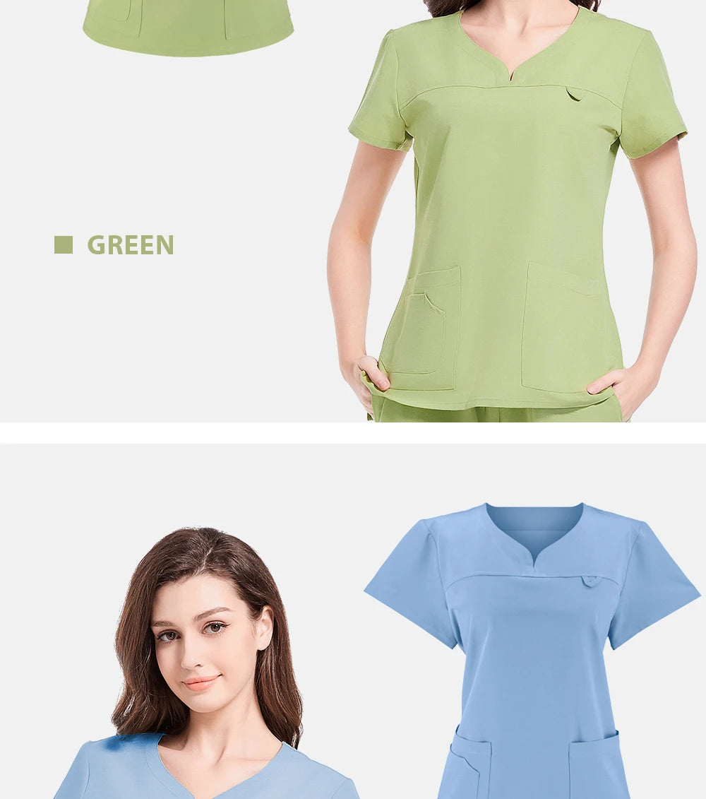 Slim fitting elasticity nurse scrubs tops dentistry doctor lab spa uniform surgical Scrub shirt for woman pharmacy pet hospital