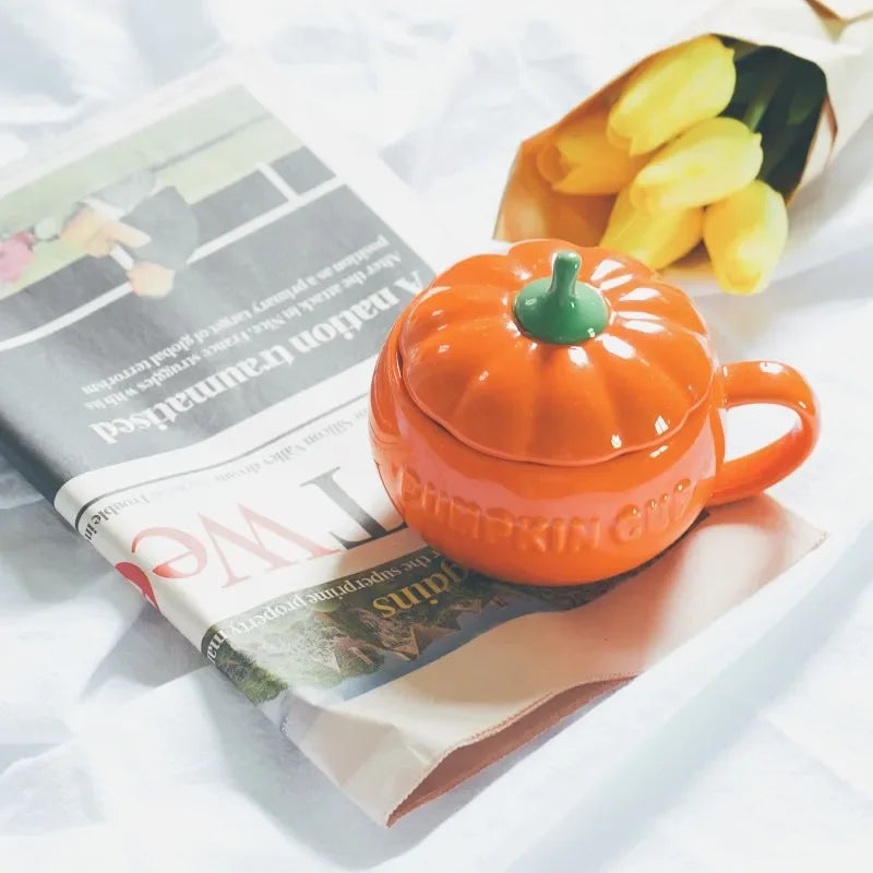 Cute Pumpkin Ceramics Coffee Mug Milk Soup Cup with Lid Breakfast Water Mug Office Home Drinkware Teacup Decoration Morning Cup