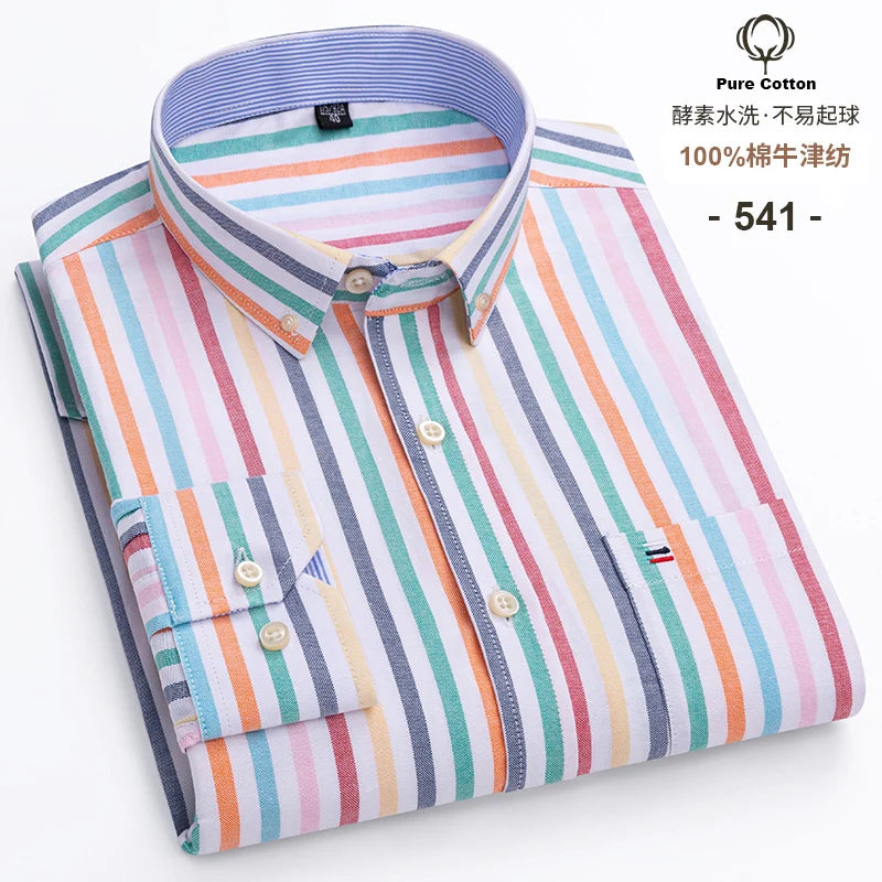 New S-7XLCotton Oxford Shirt For Mens Long Sleeve Plaid Striped Casual Shirts Male Pocket Regular-Fit Button-Down Work Man Shirt