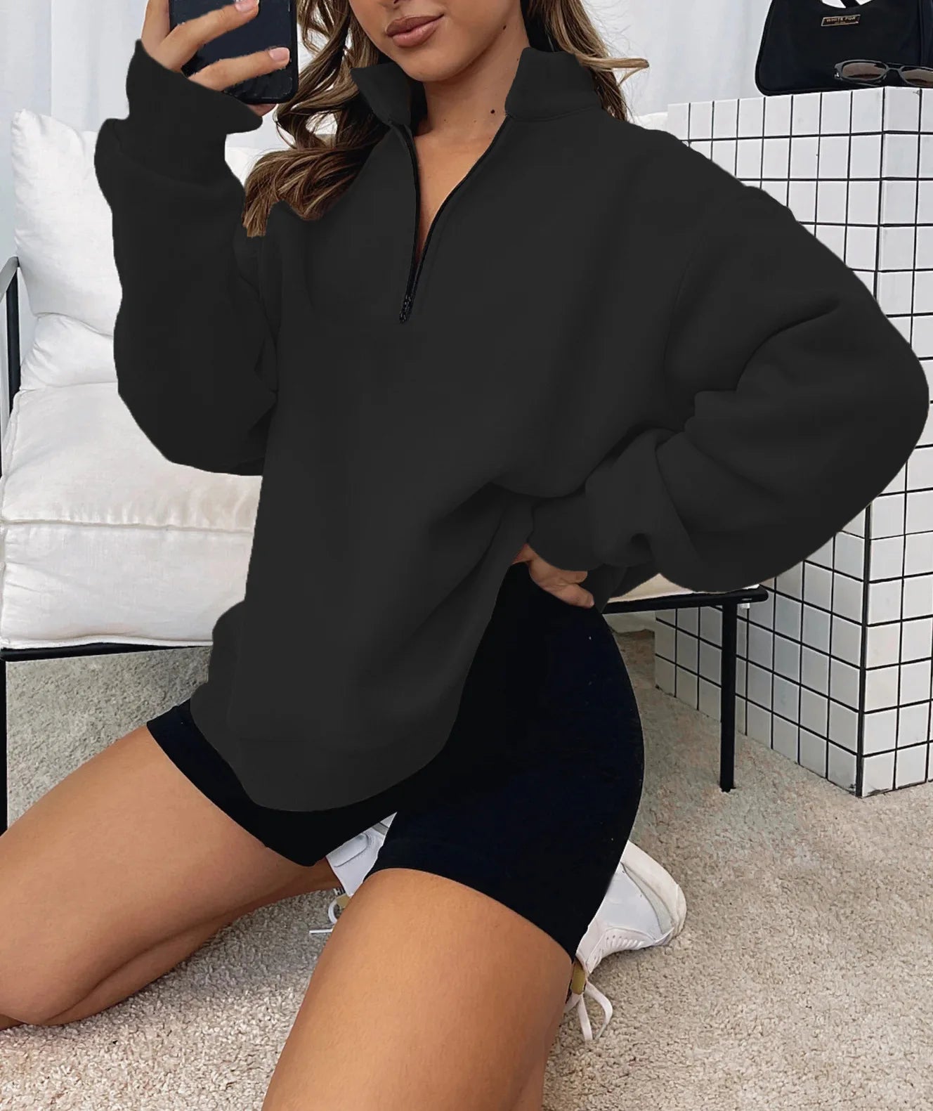 Women Sweatshirts Turn Down Collar Zipper Pullovers Long Sleeve Spliced Thick Warm Sweatshirt Outwear Autumn Winter 2024