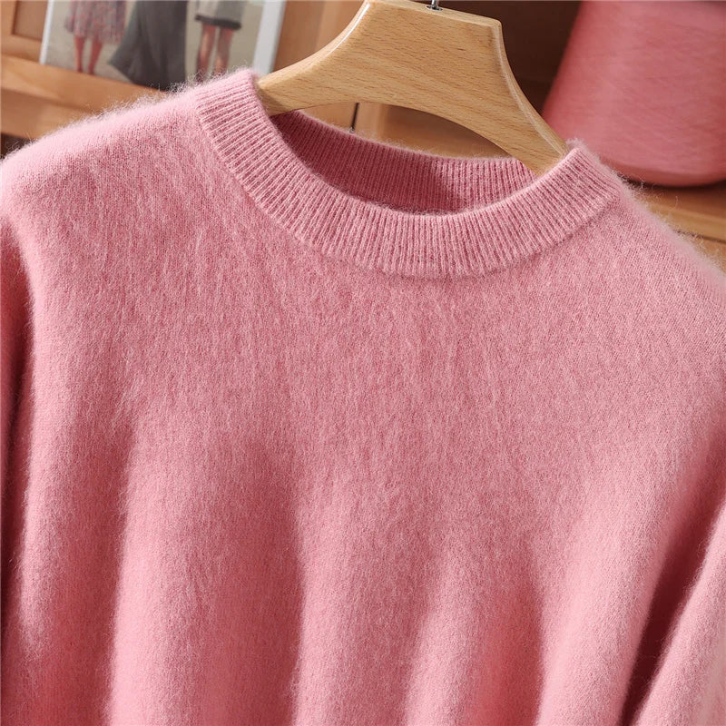 Autumn Winter Sweater Pullover Women's Clothing 100% Mink Cashmere Sweater Pullover O-Neck Basic Long Sleeve Warm Fleece Knitted