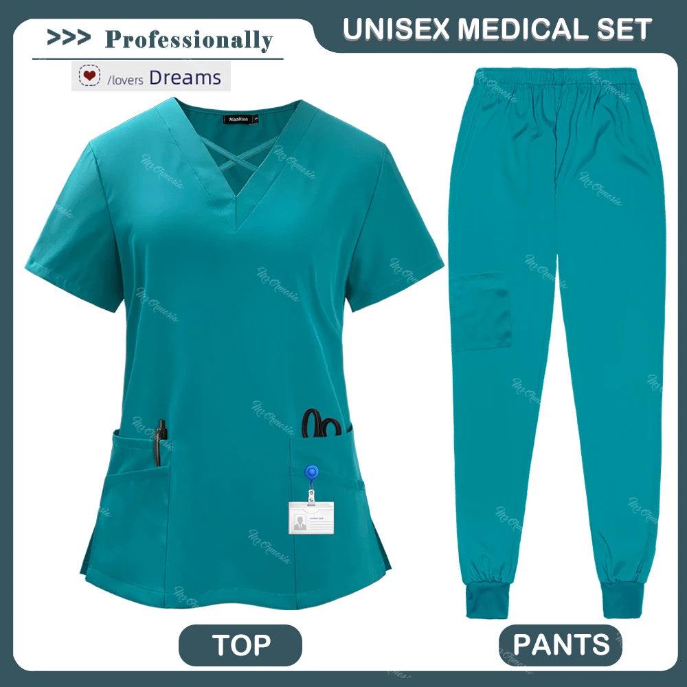 Beauty Tops+pants Medical Uniform Surgery Scrubs Set Short Sleeve Pet Shop Doctor Nurse Nursing Uniform Women Workwear Scrub Set