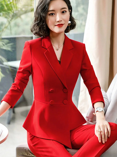 Fashion Red Pant Suits For Women Business Work Wear Formal Outfits Office Lady Blazer Set Elegant 2 Pieces Sets Female 2024 New