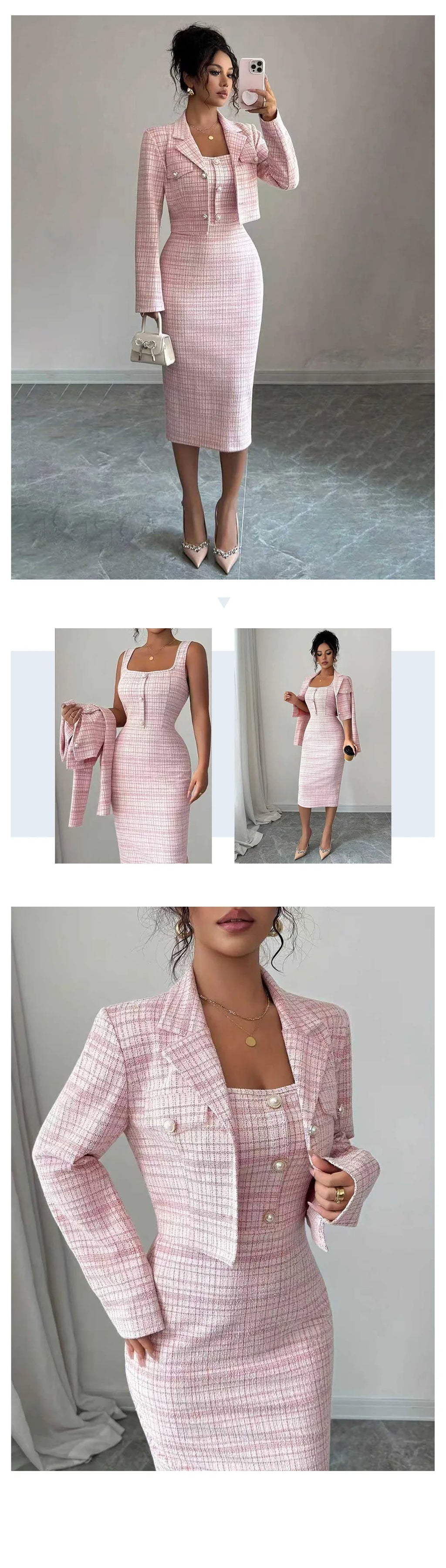 Dress Suits Women Coat Sheath Dresses 2 Piece Sets Suit Jacket Sundress Plaid Print Outfits Vestidos Office Lady Spring 2026