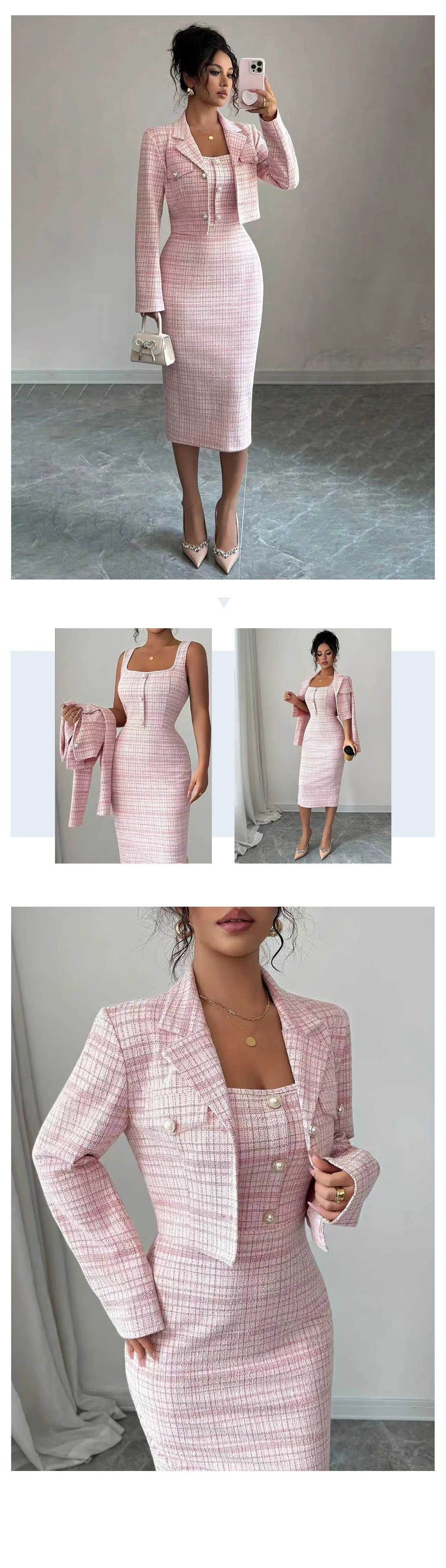 Dress Suits Women Coat Sheath Dresses 2 Piece Sets Suit Jacket Sundress Plaid Print Outfits Vestidos Office Lady Spring 2026