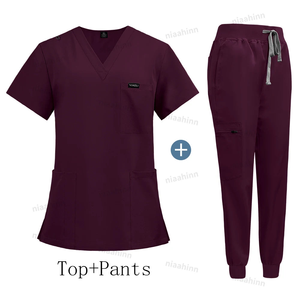 Wholesale Price Clinical Uniform Woman Hospital Doctor Work Wear Nurse Medical Clothing Short Sleeved Top Jogging Pants Set Mens