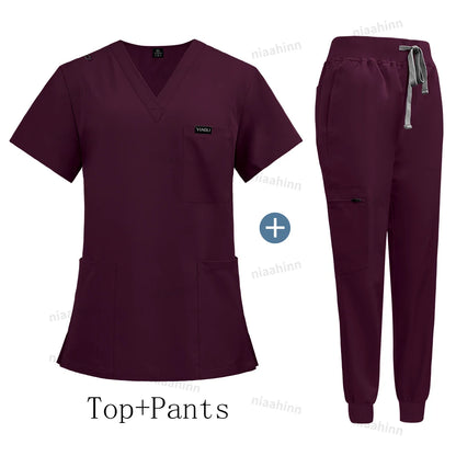 Wholesale Price Clinical Uniform Woman Hospital Doctor Work Wear Nurse Medical Clothing Short Sleeved Top Jogging Pants Set Mens