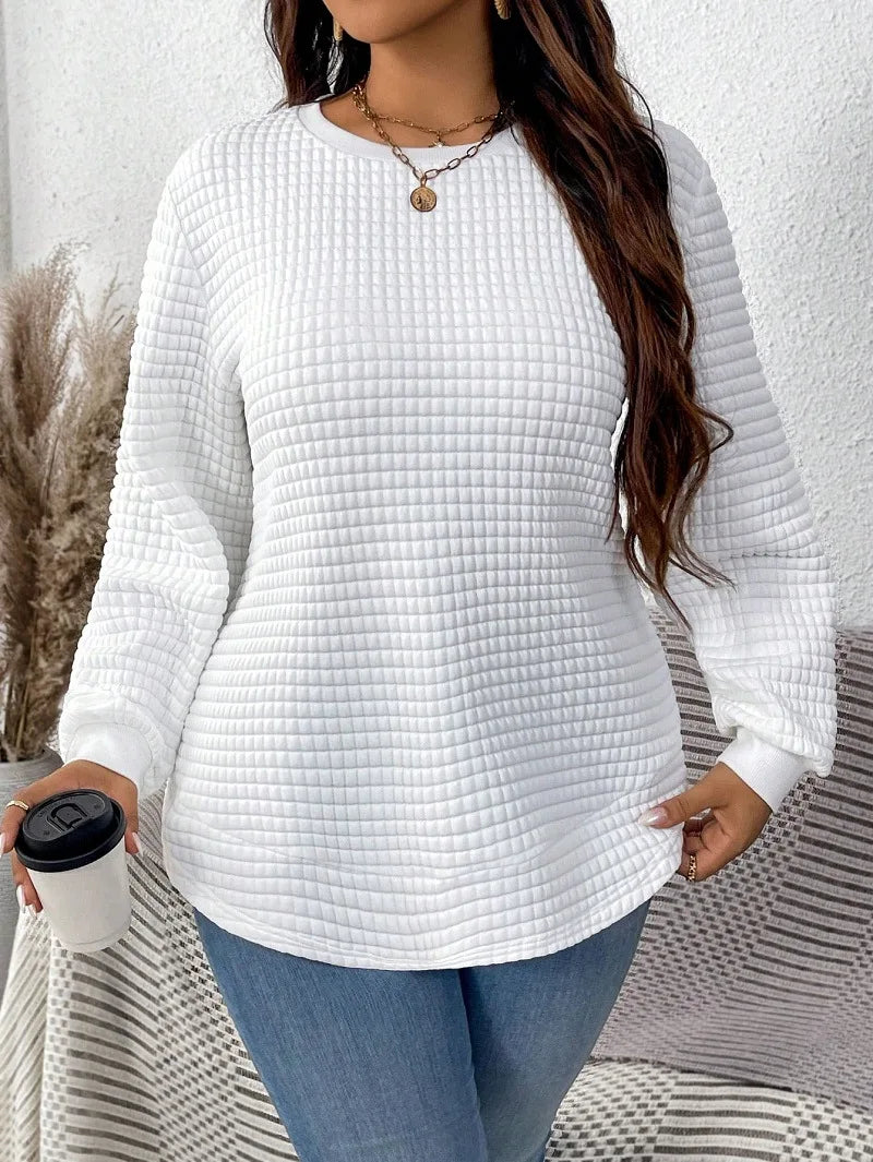 Plus-Size Women's Spring And Winter Fashion Casual Solid Color Checkered Pullover Sweatshirt Suitable For Commuting Travel