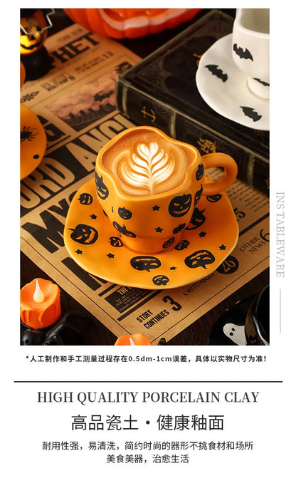 Creative Halloween-themed ceramic cups and saucers Irregular personalized coffee cups Coffee saucers Pumpkin bat pattern cups