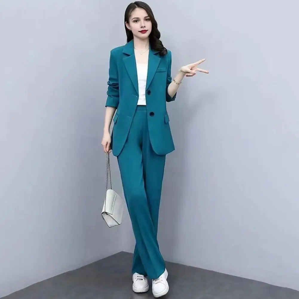 Autumn Women Blazer Pants Set 2025 Spring  Lapel Single Button Blazer Coat Wide Leg High Waist Straight Leg Pants Suit