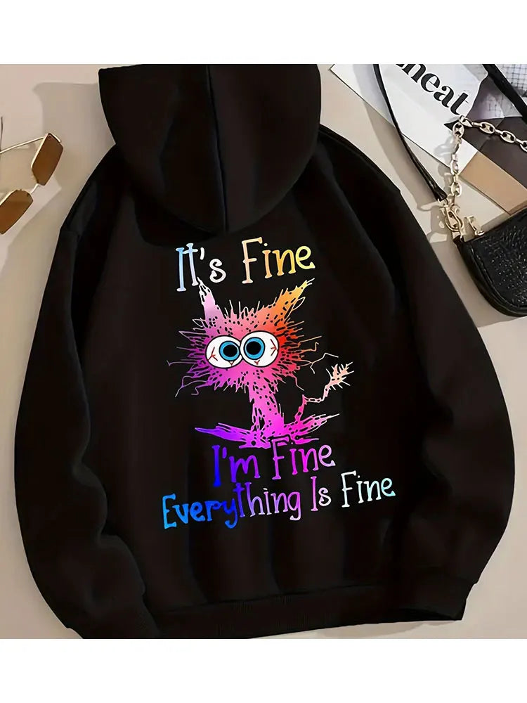 I'm Fine Everthing Is Fine Letter Printed Women Hoodies Fashion Fleece Hoody Creativity Pullover Street Loose Cotton Sweatshirts