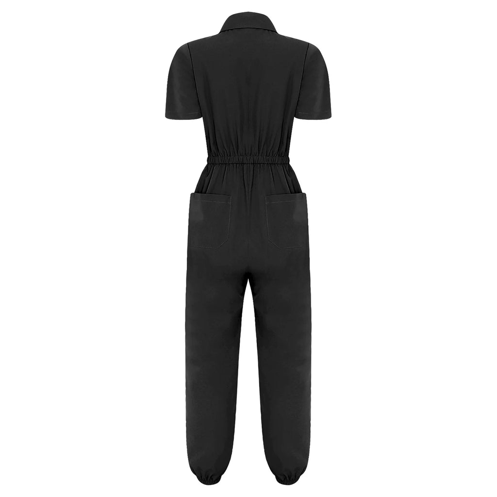 Women Scrub Jumpsuit Nurse Doctor Medical Esthetician Workwear Short Sleeve Multi-pockets Elastic Waist Jogger Pants Rompers