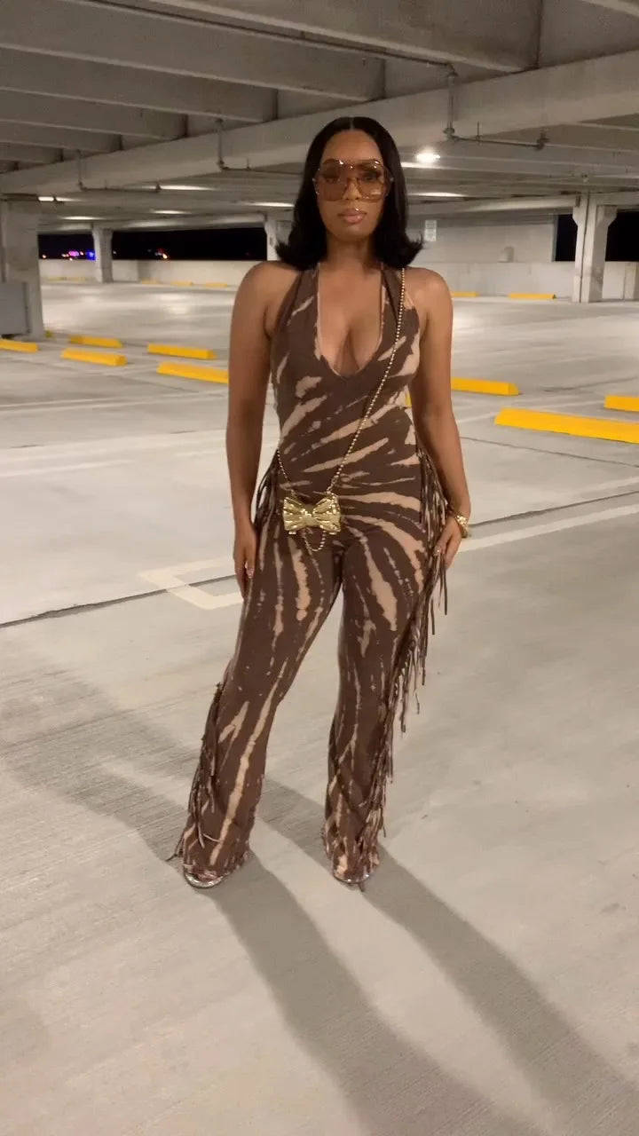 HLJ Sexy Striped Print Tassel Patchwork Bodycon Jumpsuit Women Halter Backless Skinny Rompers Female Party Clubwear Overalls New