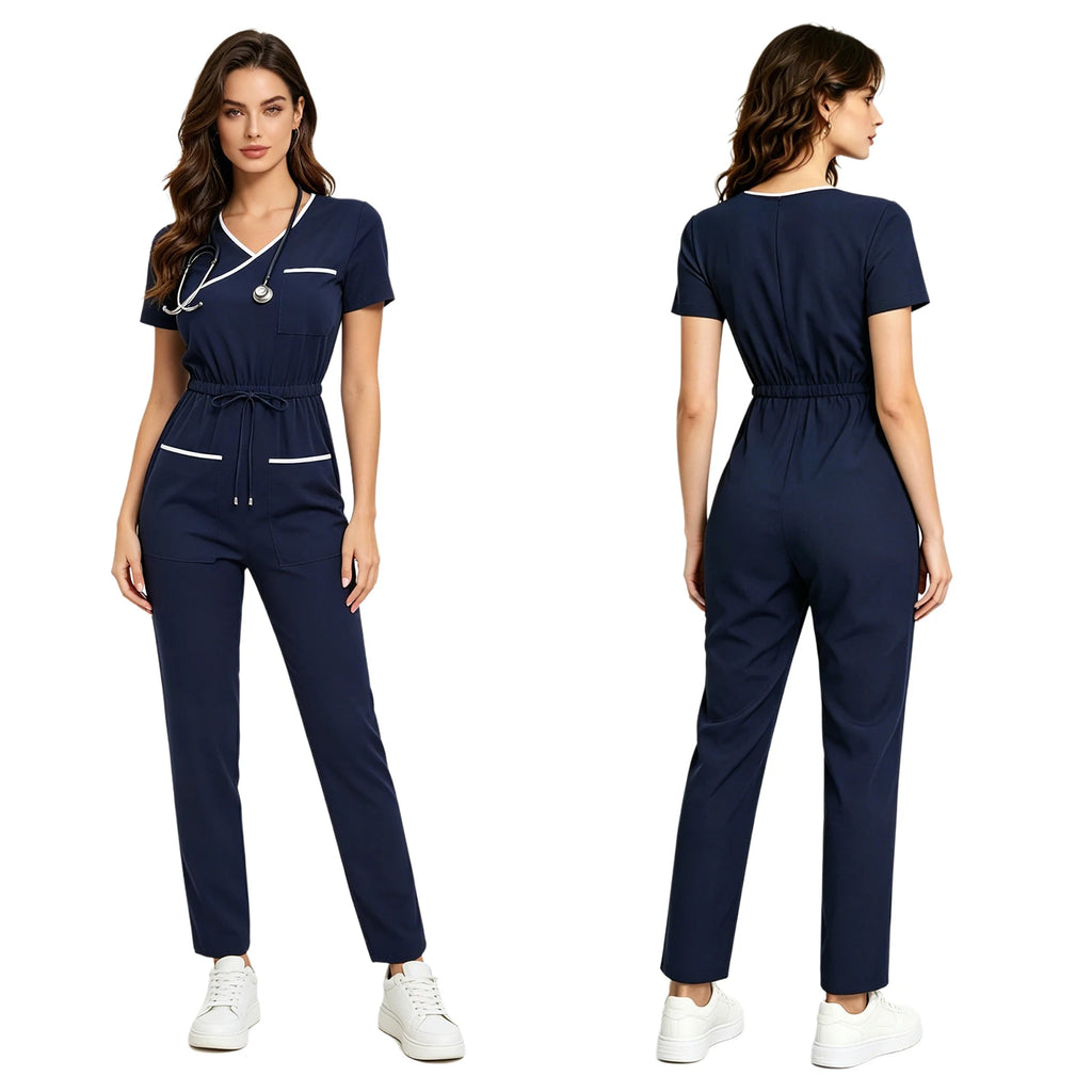 Women Scrub Jumpsuit Nurse Doctor Medical Esthetician Workwear Short Sleeve Multi-pockets Elastic Waist Jogger Pants Rompers