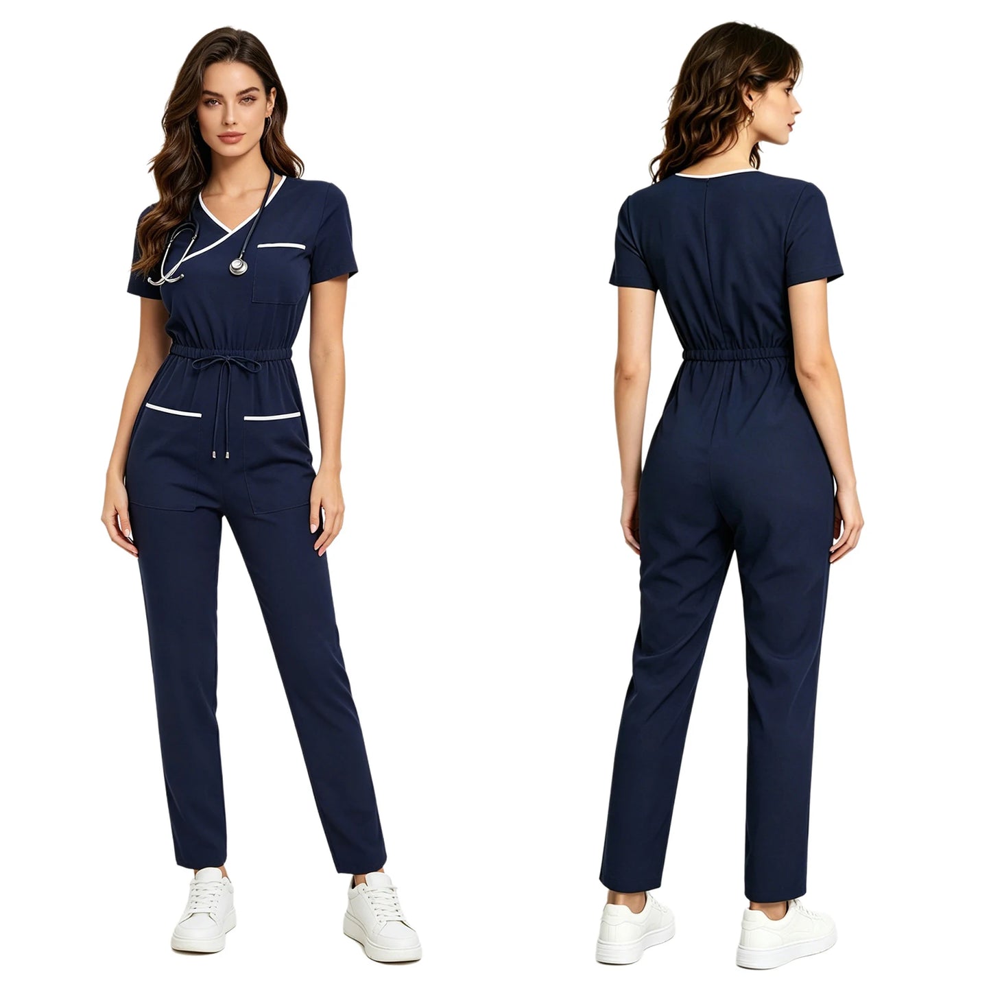 Women Scrub Jumpsuit Nurse Doctor Medical Esthetician Workwear Short Sleeve Multi-pockets Elastic Waist Jogger Pants Rompers