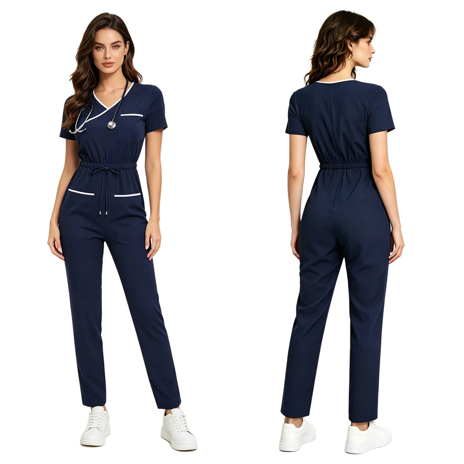 Women Scrub Jumpsuit Nurse Doctor Medical Esthetician Workwear Short Sleeve Multi-pockets Elastic Waist Jogger Pants Rompers