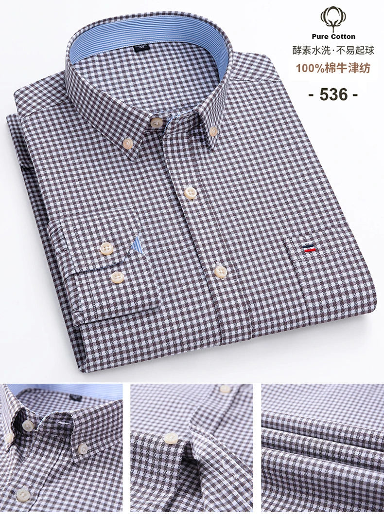 New S-7XLCotton Oxford Shirt For Mens Long Sleeve Plaid Striped Casual Shirts Male Pocket Regular-Fit Button-Down Work Man Shirt