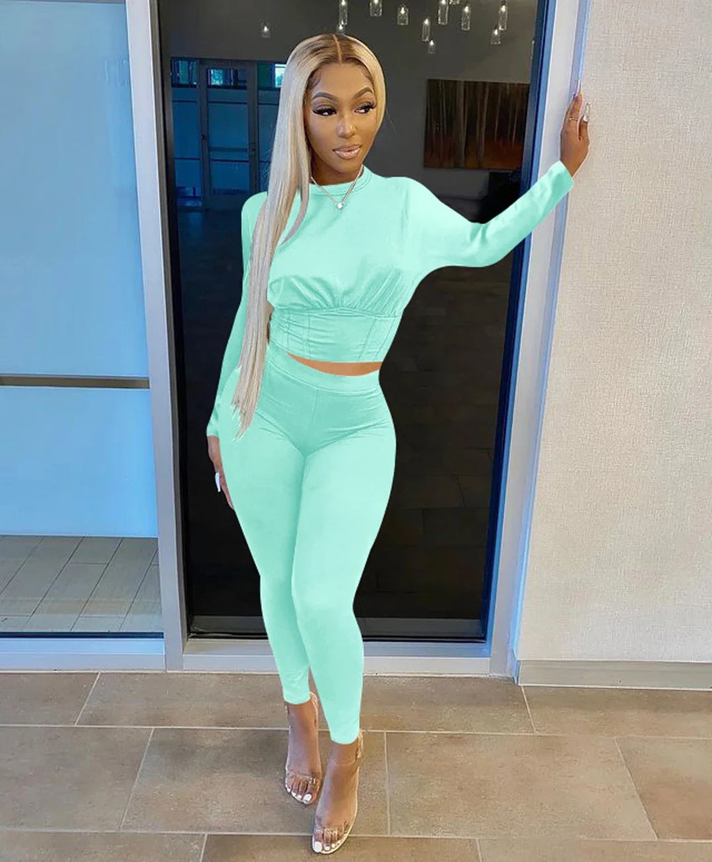 New Autumn Women's Pure Color Sports Waist Suit Fashion Casual Two-piece Set