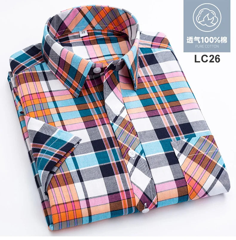 Plus Size 8XL 7XL New Men's Shirts Short Sleeve Cotton Plaid Shirt Summer Fashion Thin Soft Classic Basic Casual Male Clothing